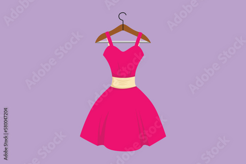 Cartoon flat style drawing woman beautiful dresses on hanger. Elegant dress on shoulders icon label symbol. Dress hanger. Clothing store. Fashion boutique concept. Graphic design vector illustration