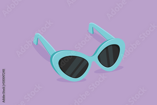Cartoon flat style drawing of trendy sunglasses logo emblem. Stylist glasses for traveling or holiday. Clean glasses for optical shop logotype icon template concept. Graphic design vector illustration