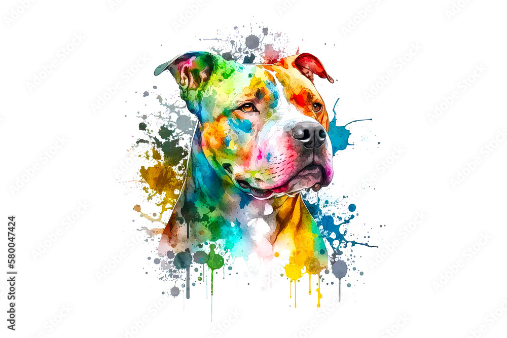 pit bull drawn with multi-colored watercolors isolated on a white background. Generated by AI - obrazy, fototapety, plakaty 