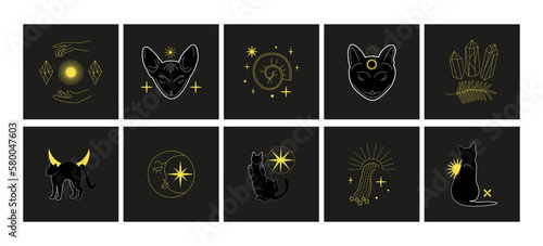 Set of magic mysterious cards, logos, prints. Black cat, hands gestures, crystals, celestial symbols. Witch, esoteric, wizard.