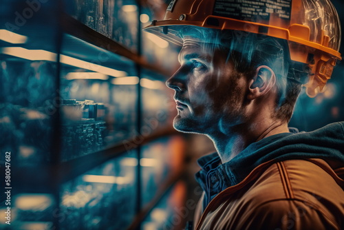 Technological engineer portrait ensuring high-quality and precise production quota on factory assembly line in wondrous double exposure. Manufacturing engineering technology concept by Generative AI.
