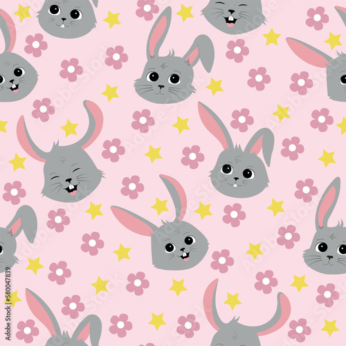 Seamless pattern with rabbit cartoons on pink background. Newborn seamless pattern, children print textile design. Vector illustration.