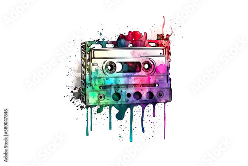 audio cassette is drawn with multi-colored watercolors isolated on a white background. Generated by AI