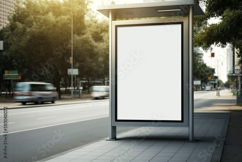 Blank billboard on a city bus station. Empty vertical light box, advertising mockup, clear poster in urban city scene. AI generated image.