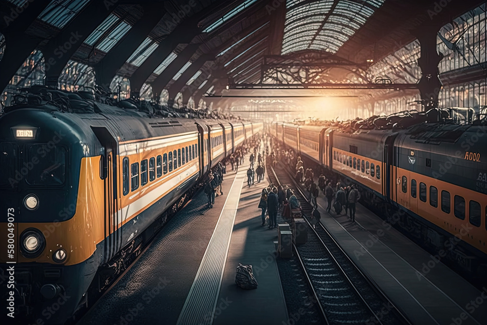 Fototapeta premium Urban Transportation: Train in Busy Station with People - Series
