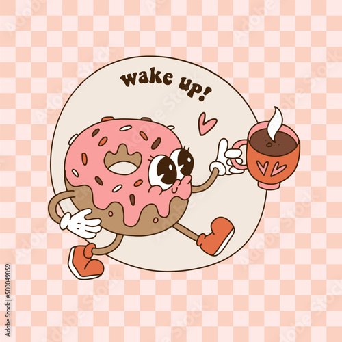 Cute retro cartoon enamored donut characters walking and holding a coffee cup. Vector vintahe contour illustration. Cool funny mascot drink and food lettering inscription - wake up