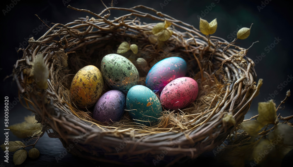Obraz premium Nest of small multicolour easter eggs