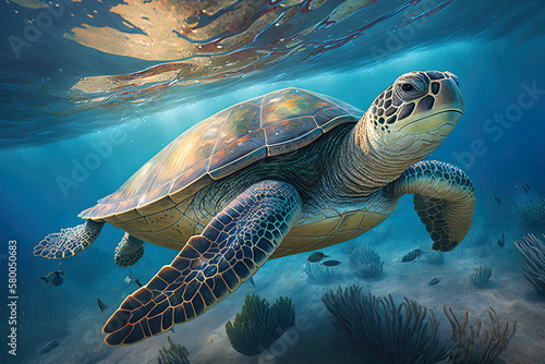 Majestic Sea Turtle Illustration in Watercolor Style