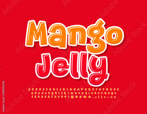 Vector funny sign Mango Jelly with playful bright Font. Red artistic Alphabet Letters, Numbers and Symbols set