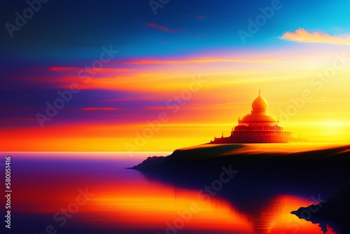sunset at the temple ai generative 