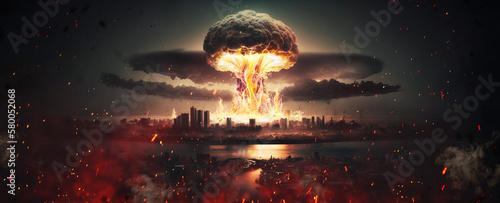 big nuclear explosion mushroom cloud effect over city skyline for apocalyptical aftermath of nuclear attach or the use of mass destruction weapons - Generative AI