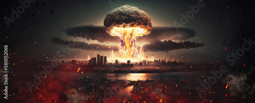 big nuclear explosion mushroom cloud effect over city skyline for apocalyptical aftermath of nuclear attach or the use of mass destruction weapons - Generative AI photo