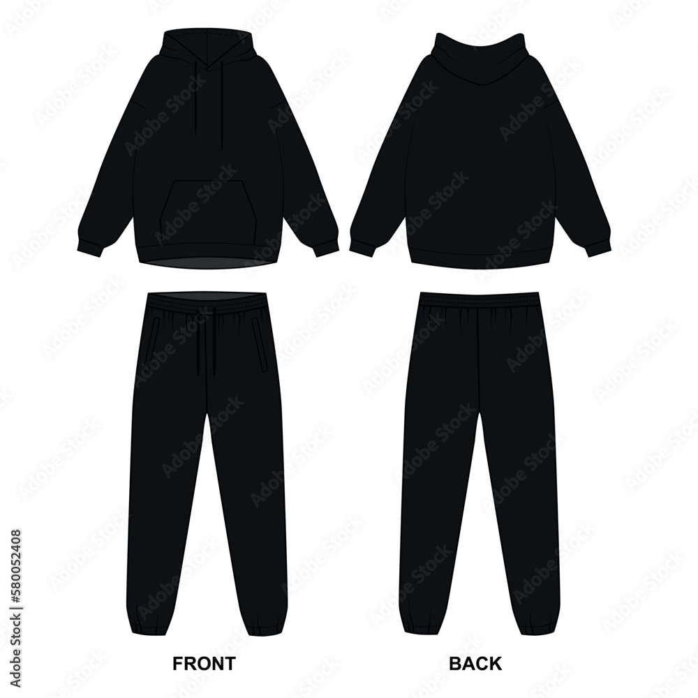 Drawing of a fashionable tracksuit in black, vector. Front pocket sketch  hoodie, joggers, front and back view. Template sweatshirt with a hood and  sweatpants with a drawstring. Stock Vector | Adobe Stock
