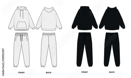 Collection of tracksuits in white and black colors, vector. Vector drawing of a hoodie with a front pocket and joggers. Hooded sweatshirt and drawstring sweatpants, front and back view. photo