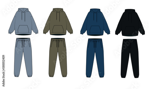 Collection of gray, blue, olive and black tracksuits, vector. Vector drawing of a hoodie with a front pocket and joggers. Hooded sweatshirt and drawstring sweatpants.