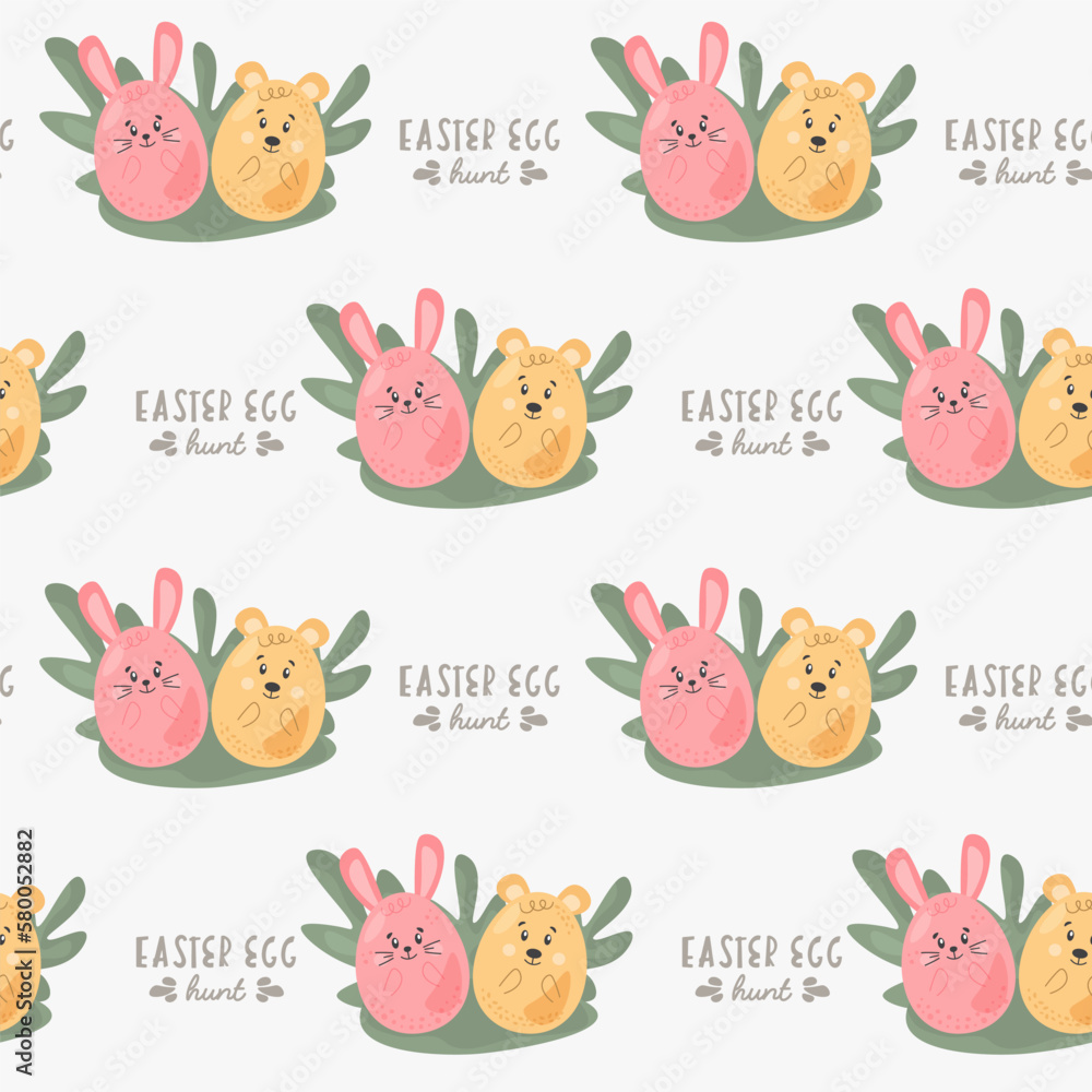 Obraz premium Easter pattern motive cute cartoon characters eggs chicken Happy Easter seamless pattern for gift wrapping paper, textile, cover, product packaging, advertising banner, greeting cards.