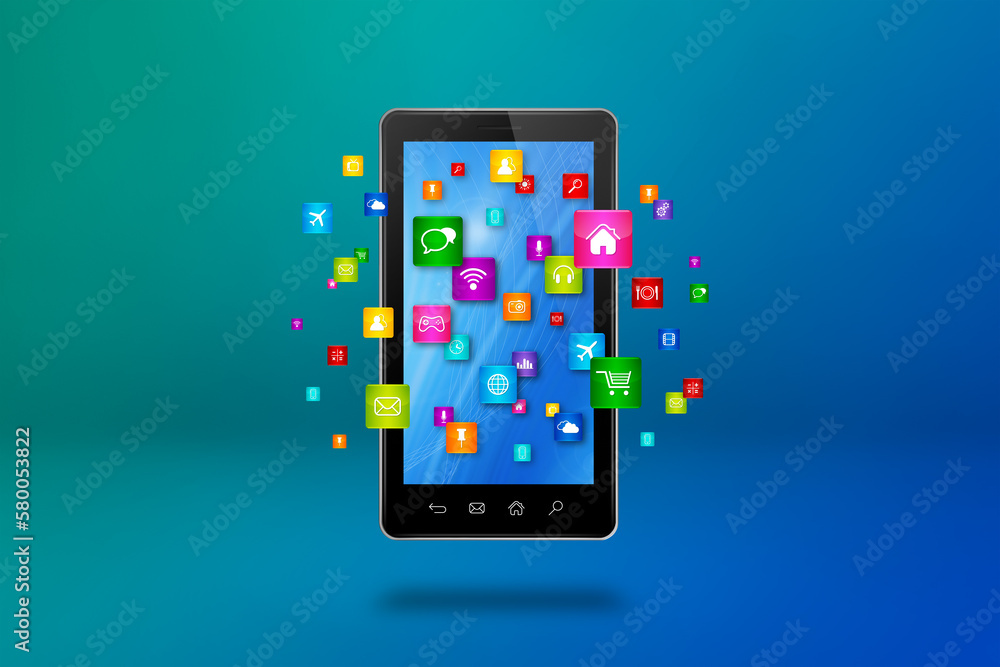 Flying icons around a smartphone. Cloud computing concept Flying icons around a smartphone. Cloud computing concept