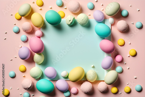 Easter eggs of delicate color around a frame with a place for text.