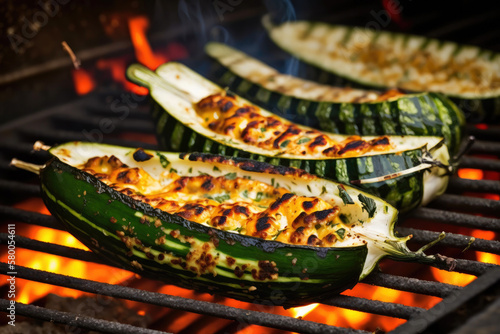 Bbq, grilled stuffed zucchinis on grill grate with fire. Close-up view. Summer picnic outdoors. Created with Generative AI technology.