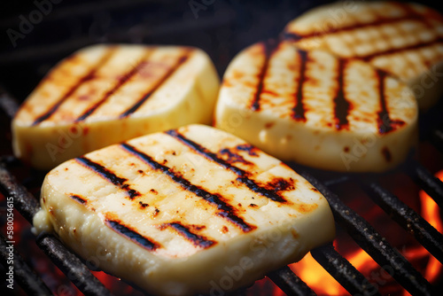 Bbq, grilled halloumi cheese on grill grate with fire. Close-up view. Created with Generative AI technology. photo