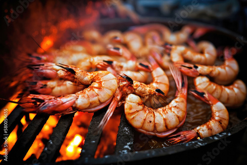 Bbq, grilled king prawns on grill grate with fire. Close-up view. Created with Generative AI technology.
