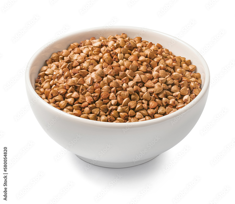Bowl of buckwheat isolated on white background. Side view Bowl of buckwheat isolated on white background. Side view