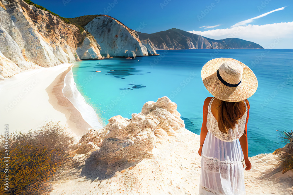 Φωτογραφία view from the back of a girl in a white hat on vacation admiring the ocean and a snow-white beach
