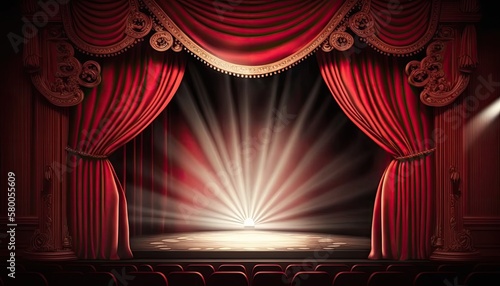A theater stage with a red curtain and a spotlight in the center. Generative AI illustration.