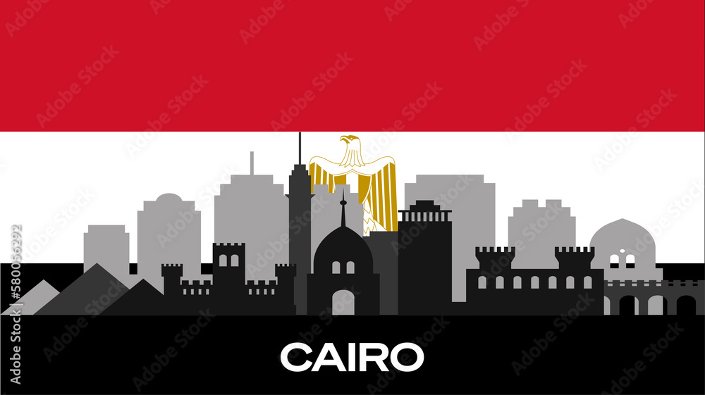 Fototapeta premium Silhouette of important buildings in the city on the flag of Egypt. The vector silhouette of Cairo's famous buildings. Stock Photo