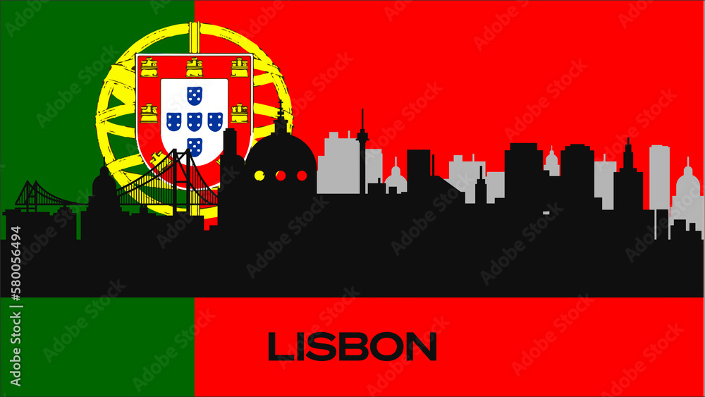 Φωτογραφία Silhouette of important buildings in the city on the flag of Portugal