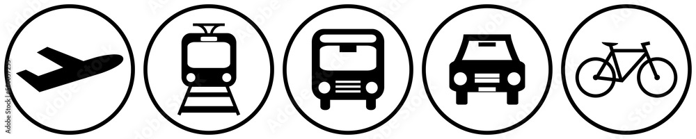 Verkehrsmittel für lange und kurze Strecken: Flugzeug, Zug, Bus, Auto oder Fahrrad Verkehrsmittel für lange und kurze Strecken: Flugzeug, Zug, Bus, Auto oder Fahrrad