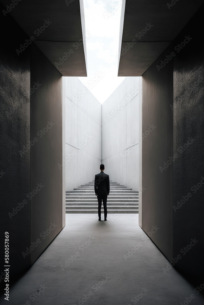 ai generated illustration of Confidential businessman in suit ,walk to success on stair