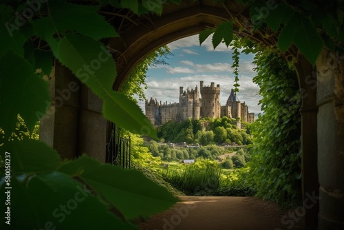 Leinwand Poster vertical view of Arundel Castle and Cathedral from a shady archway Generative AI