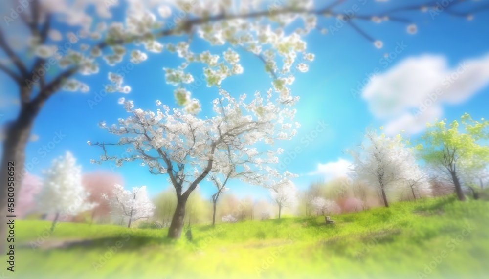 Beautiful natural spring summer landscape of a flowering meadow in a hilly area on a bright sunny day. Many flowers in a field in green grass. Small zone of sharpness