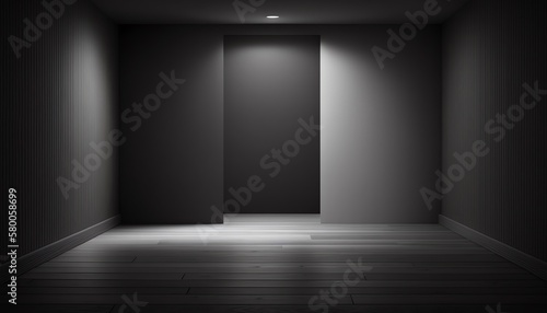 Empty light dark wall with beautiful chiaroscuro and wooden floor. Minimalist background for product presentation, mock up