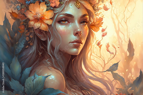 Stampa su tela Wondrous fantasy portrait of goddess wood elf princess wearing beautiful flowery wreath blossom filled with vibrant flowers in springtime like fairytale in isolated background by Generative AI
