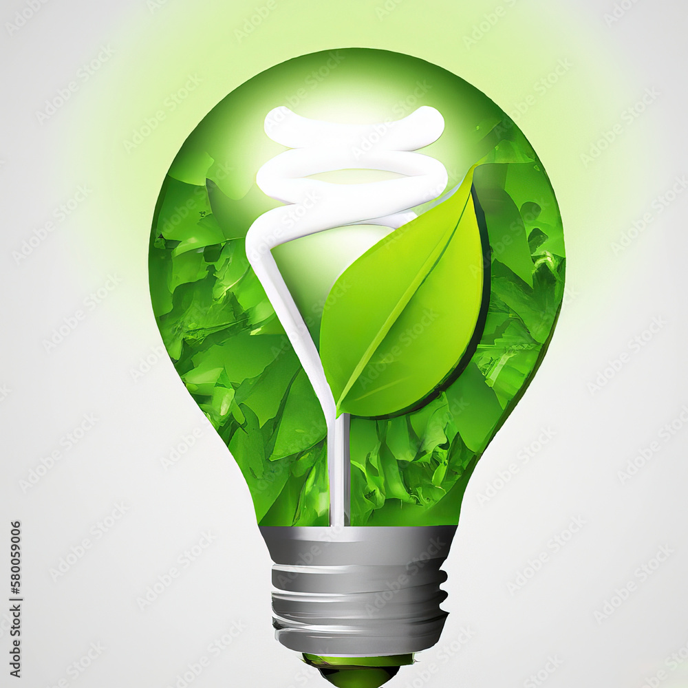 Tło odnawialnych źródeł energii,  zielona żarówka. - obrazy, fototapety, plakaty 