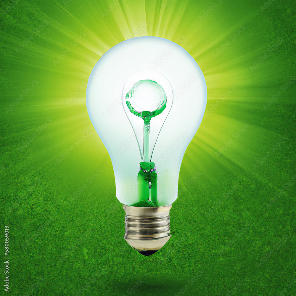 Tło odnawialnych źródeł energii,  zielona żarówka. - obrazy, fototapety, plakaty 