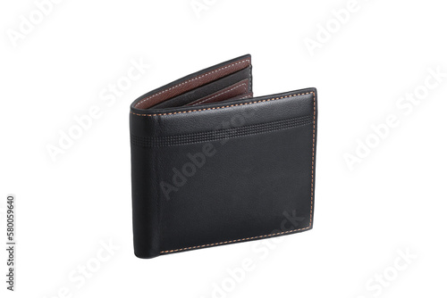 Top view of black leather wallet on transparent background. PNG format