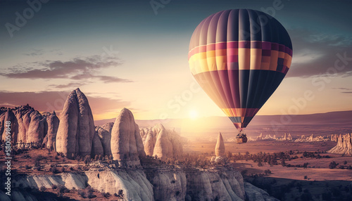 Landscape sunset of Cappadocia with hot air ballon flying in the sky. Generative AI.