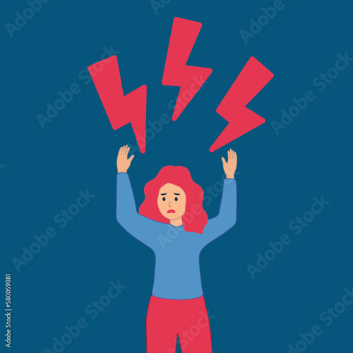 a young woman is afraid and covers her ears with her hands, her eyes are closed, she is surrounded by lightning