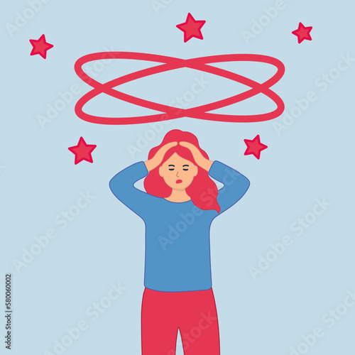 Woman dizziness. Woman drunk headache hangover, faint sick disorganized lady, tired face feel dizzy migraine, cartoon character vector illustration. Stress migraine headache