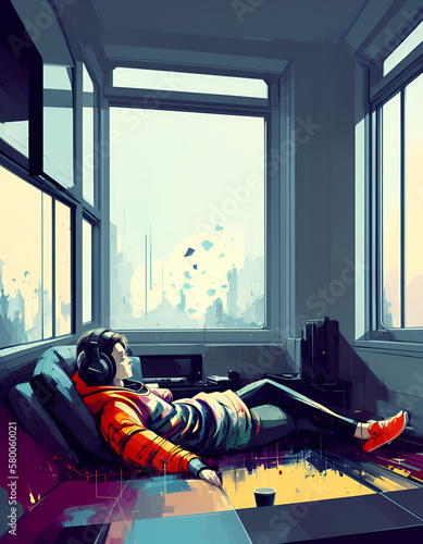 Illustration of a teenage girl enjoying a relaxing time by reading and listening to music from headphones. Sit in a soft chair with a wide window next to it.