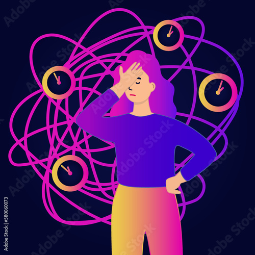 Stress, burnout and bad time management concept. Young sad Businesswoman cartoon character sitting feeling stressed pressured by lack of time at work vector illustration. Vector illustration in trendy