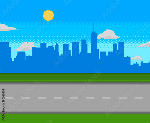 Pixel art game road with city on background.