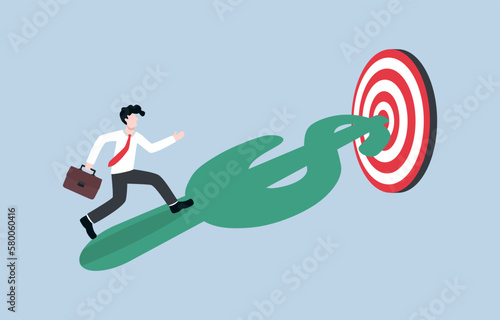 Aspiration to reach financial goal, planning, budgeting and disciplined saving habit for financial freedom concept, Businessman running along dollar sign path to target.