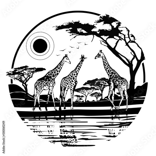 Canvas Print Giraffes in the wild against the backdrop of wood, sun and desert