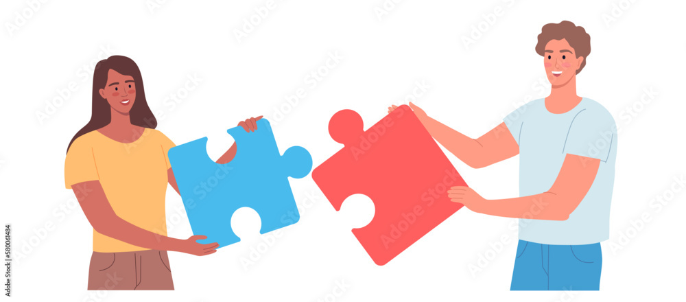 Young couple man and woman work together, make puzzle Young couple man and woman work together, make puzzle