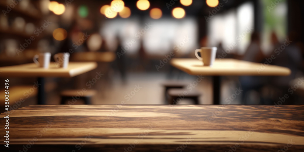 An empty wooden counter table top for product display in a coffee shop or bar. Generative ai