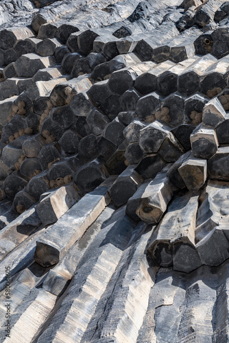 Rocks of huge vertical hexagon basalt pillars like organ pipes, Symphony of stones, Armenia